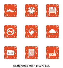 Coding icons set. Grunge set of 9 coding vector icons for web isolated on white background