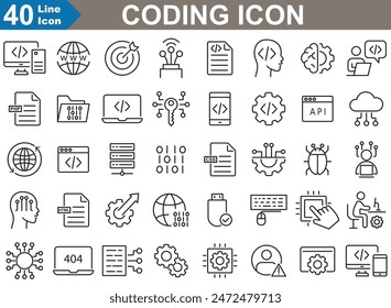 Coding icons set vector illustrator. Includes icons for cloud computing, programmer, website, data, bugs, and more.