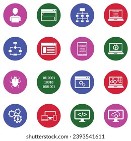 Coding Icons. White Flat Collection In Circle. Vector Illustration.