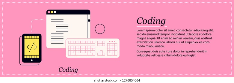 Coding illustration. Elegant flat style on pink background. Programming languages, software development, debugging.
