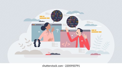 Coding interview as technical skills test for job vacancy tiny person concept. Programmer expertise with problem solving method vector illustration. Searching candidates for IT software workplace.