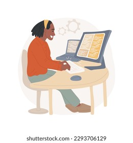 Coding isolated cartoon vector illustration. Young excited boy programming and coding, teenagers hobby, leisure time when learning new skills, looking closely at monitor vector cartoon.