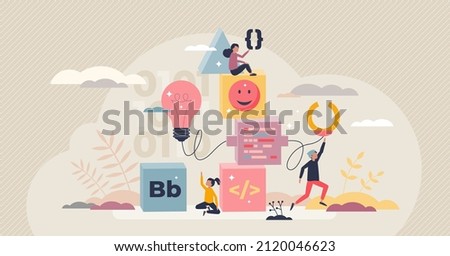 Coding for kids as fun programming education for children tiny person concept. IT technology courses for elementary pupil to develop their software css, html or php language skills vector illustration