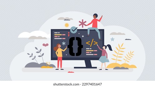 Coding for kids and writing script in digital language tiny person concept. Code learning for website project development vector illustration. Technology education for young children. Smart training.