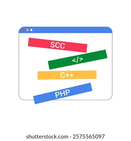 Coding Language List On Digital Screen In Flat Vector Illustration Symbolizing Programming, Development, And Education, Isolated On White Background.