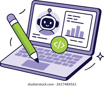 Coding Laptop with AI Chatbot, Vector Illustration.