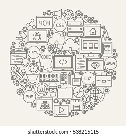 Coding Line Icons Circle. Vector Illustration of Programming Skills Outline Objects.