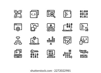 Coding line icons. Program code editing, running and debugging, software architecture, application development and optimization. Vector editable stroke collection of web programming illustration