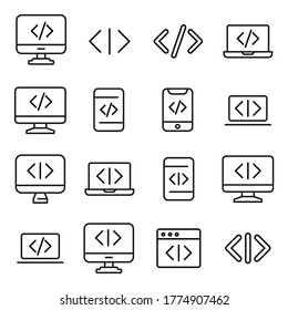 Coding line icons set. Stroke vector elements for trendy design. Simple pictograms for mobile concept and web apps. Vector line icons isolated on a white background.