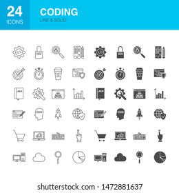 Coding Line Web Glyph Icons. Vector Illustration of Computer Outline and Solid Symbols. 