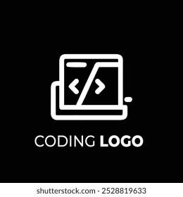 Coding logo design black background with white color text and icon