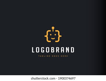 Coding logo design inspiration. Vector illustration of curly bracket that resembles a robot face. Modern vintage icon design template with line art style.