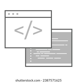 Coding Mastery. Dual IDE Windows Unleash Programming Power.  IDE windows with code. Coding environment symbol. Dual IDE interface graphic. Code development workspace.