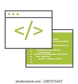 Coding Mastery. Dual IDE Windows Unleash Programming Power.  IDE windows with code. Coding environment symbol. Dual IDE interface graphic. Code development workspace.