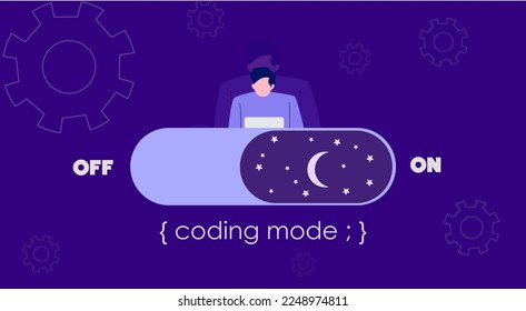 Coding mood. An illustration of a developer working at night. Concentration moment of a Programmer. Working from Home.Flat design.