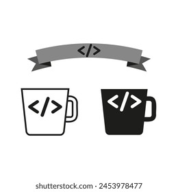 Coding mugs illustration. Programmer coffee break. Code syntax banner. Developer work concept. Vector illustration. EPS 10.