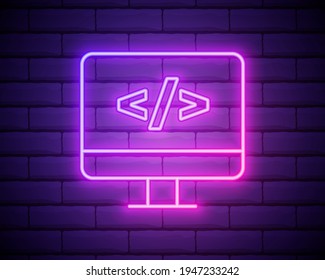 Coding neon icon.Programming. Elements of browser set. Simple icon for websites, web design, mobile app, info graphics isolated on brick wall