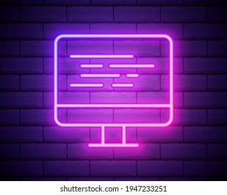 Coding neon icon.Programming. Elements of browser set. Simple icon for websites, web design, mobile app, info graphics isolated on brick wall