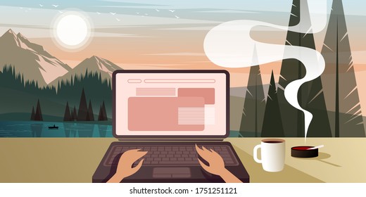 Coding on a background of mountains. Illustration showing the advantage of remote work and our ability to travel and learn anywhere. Vector layout for landing page or flat design advertising banner.