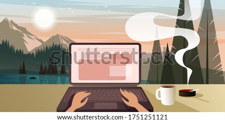 Coding on a background of mountains. Illustration showing the advantage of remote work and our ability to travel and learn anywhere. Vector layout for landing page or flat design advertising banner.