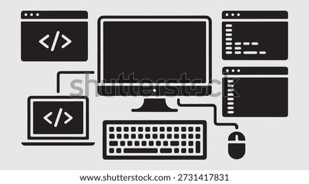 Coding on computer and laptop with multiple browser windows