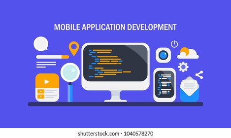 Coding on computer screen - Mobile application development - mobile apps flat vector banner illustration