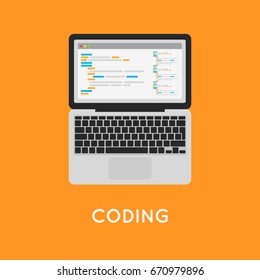 Coding  on laptop. Programming mobile app vector concept illustration.