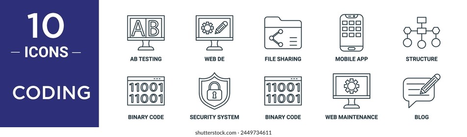 coding outline icon set includes thin line ab testing, web de, file sharing, mobile app, structure, binary code, security system icons for report, presentation, diagram, web design