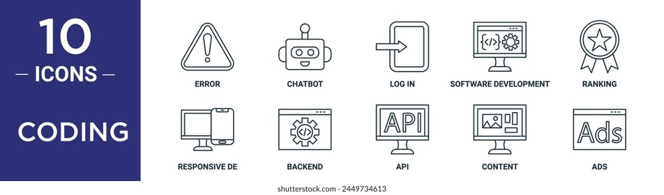 coding outline icon set includes thin line error, chatbot, log in, software development, ranking, responsive de, backend icons for report, presentation, diagram, web design