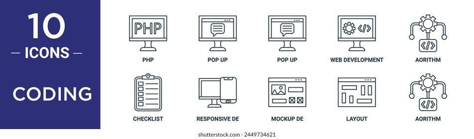 coding outline icon set includes thin line php, pop up, pop up, web development, aorithm, checklist, responsive de icons for report, presentation, diagram, web design