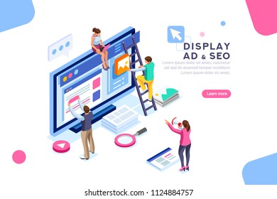 Coding people team work together. Seo optimization for target searching process. Pay click social content development tool. Flat Isometric characters vector illustration. Display campaign.