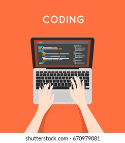 Coding php or html on laptop. Programming mobile app vector concept illustration.