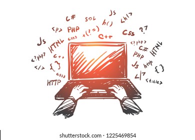 Coding, programmer, laptop, internet, work concept. Hand drawn hand of programmer on laptop with code concept sketch. Isolated vector illustration.