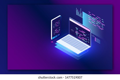 Coding and programming app in laptop and smartphone for Web developer concept based isometric design.