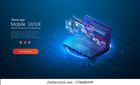 Coding and programming app in laptop for web developer concept based isometric design.Programming and software development web page banner, program code on screen device. Code, app on laptop UI/UX