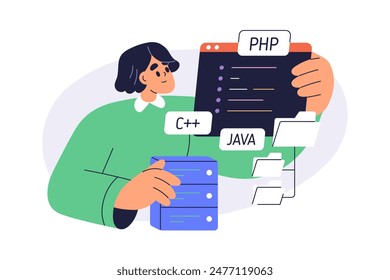 Programmierung, Programmierung, Back-End-Entwicklungskonzept. Software-Ingenieur arbeitet mit verschiedenen Computersprachen. Programmierer und Skripte. Flache Vektorillustration isoliert auf weißem Hintergrund