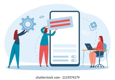 Coding and programming concept. Women working on laptop, mobile screen. Developing programs, technologies. Cartoon developers doing tasks and coding software on devices vector illustration
