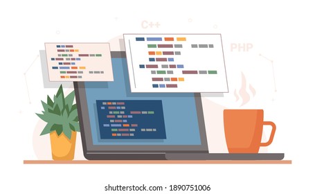 Coding and programming, developing sites using special language. Isolated laptop or computer screen with cup of coffee and plant in pot. Desk of coder, online programmer. Vector in flat style