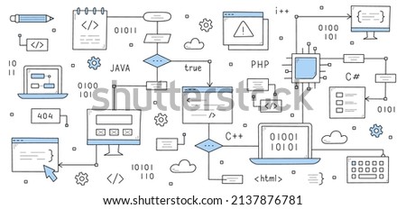 Coding and programming doodle icons. Algorithm scheme to developing software. Computer monitor with code on screen, laptop, microcircuit chip and keyboard, connected by arrows. Line art vector