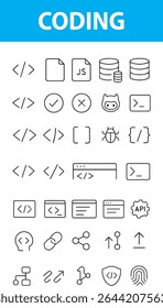 Coding and Programming Editable Line Icons,  focused on coding and software development, Code Symbol, Brackets, Terminal, Script, Bug, API, Database, Cloud, terminal window, script file, bug, database