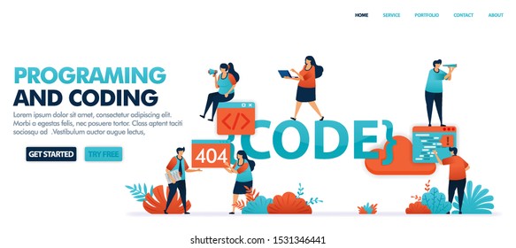 Coding and programming to find bugs in code set in solving error problems, 404, not found. Programming for software and mobile apps. Human vector illustration for website, mobile apps and poster