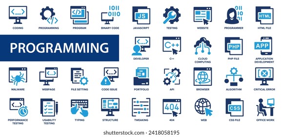 Juego de iconos planos de codificación y programación. Desarrollador, código, software, sitio web, nube, iconos de desarrollo web y más signos. Colección de iconos plana.