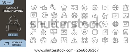Coding and Programming icons set. Includes code editor, laptop, binary, HTML, JavaScript, database, cloud, terminal, bug, and algorithm symbols. Editable stroke. Line icons. Perfect for infographics.