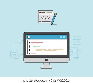 Coding, Programming illustration set. HTML, CSS, Script, computer language, Icon Vector drawing. Hand drawn style.