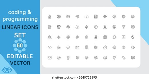 Coding and programming linear icons set. Software, development, technology and more. Outline vector icon in linear style. Editable stroke. Vector illustration.
