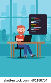 coding programming script man with beard t-shirt sitting working on laptop on table 