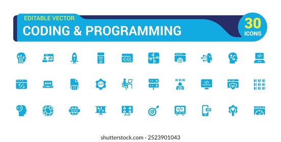 Coding and programming set of web icons. Software development icons, filled icon collection, glyph for web and ui. Solid icon pack, Vector illustration.