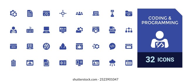 Conjunto de iconos web de codificación y programación. Iconos del desarrollo de software, colección llena del icono, glifo para el Web y la interfaz de usuario. Paquete de iconos sólidos, Ilustración vectorial.