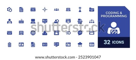 Coding and programming set of web icons. Software development icons, filled icon collection, glyph for web and ui. Solid icon pack, Vector illustration.