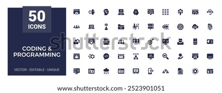 Coding and programming set of web icons. Software development icons, filled icon collection, glyph for web and ui. Solid icon pack, Vector illustration.